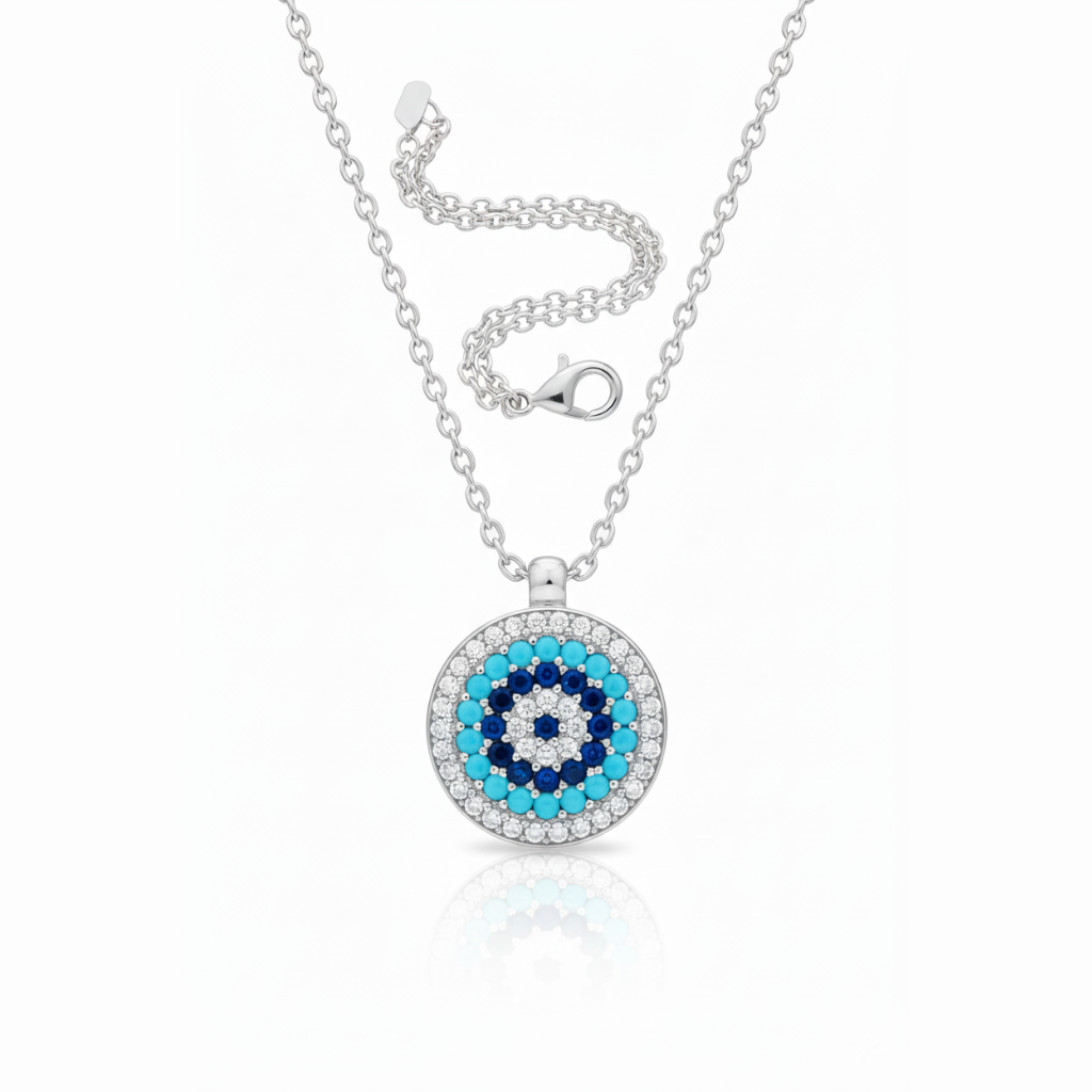Sterling Silver Evil Eye Pendant Necklace with Blue Stone & White CZ