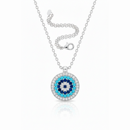 Sterling Silver Evil Eye Pendant Necklace with Blue Stone & White CZ