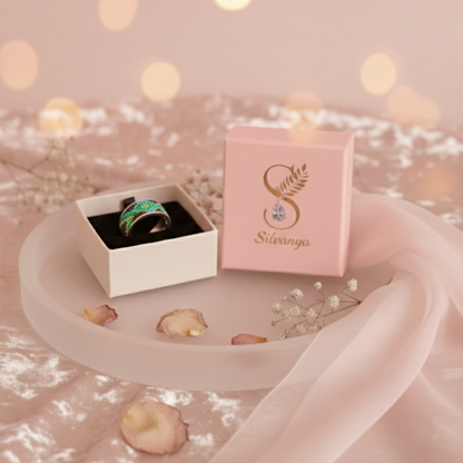 Hand-Beaded Mosaic Adjustable Ring in 92.5 Sterling Silver – Green & Turquoise