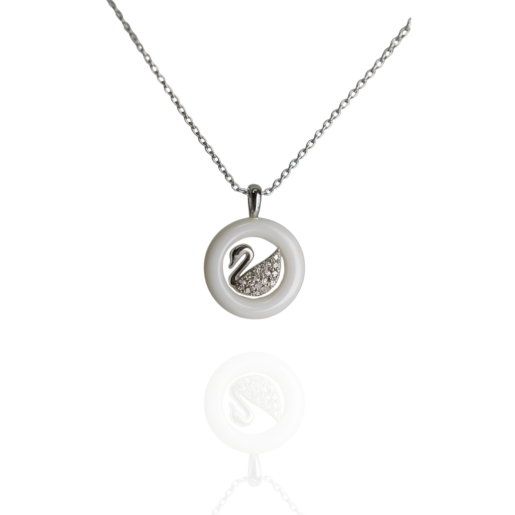 Silvanya Swanica Pendant — 925 Sterling Silver + White Inlay, Pavé Stones