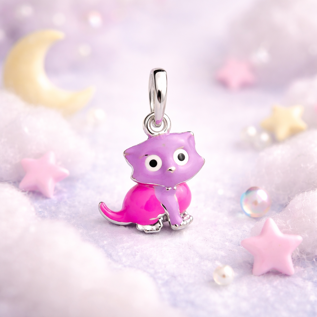 Kids pink purple enamel cat pendant necklace in 925 sterling silver