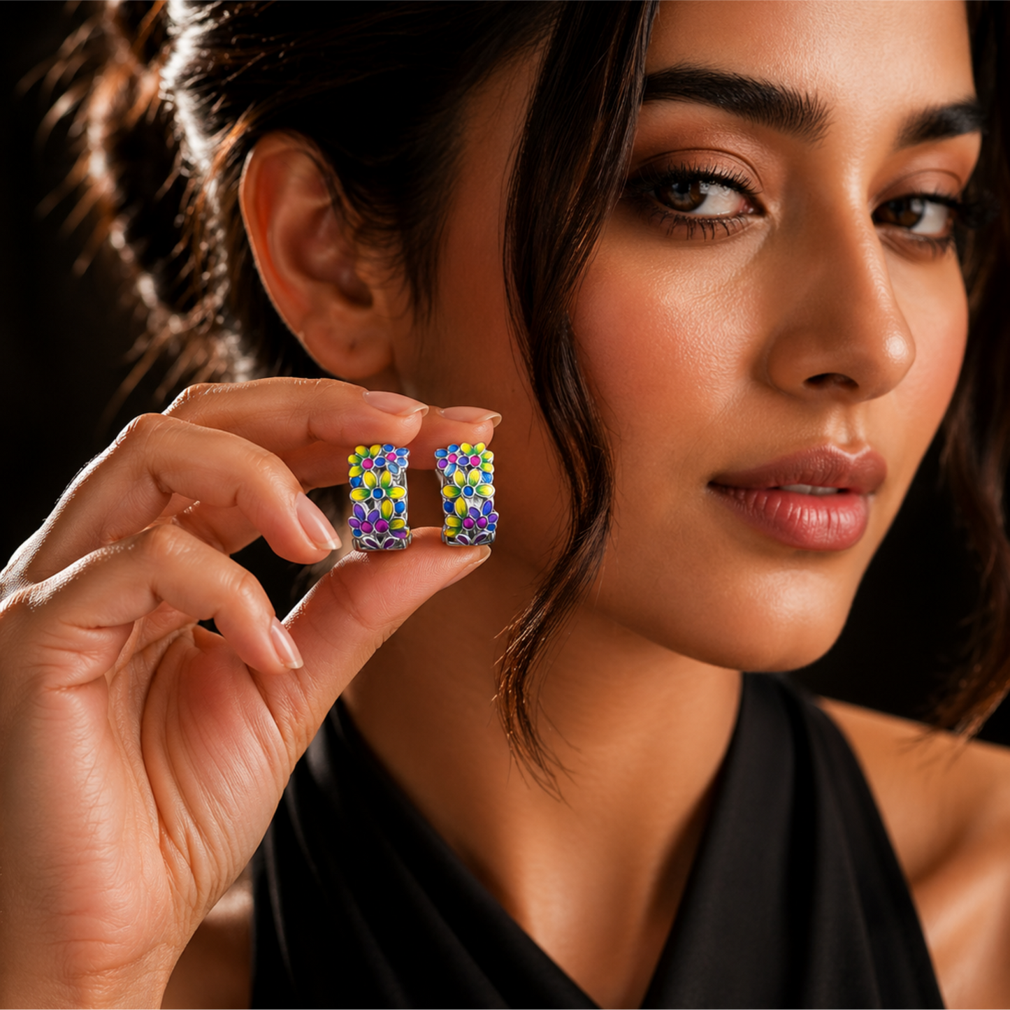 Floral Enamel Hoop Earrings in 925 Sterling Silver