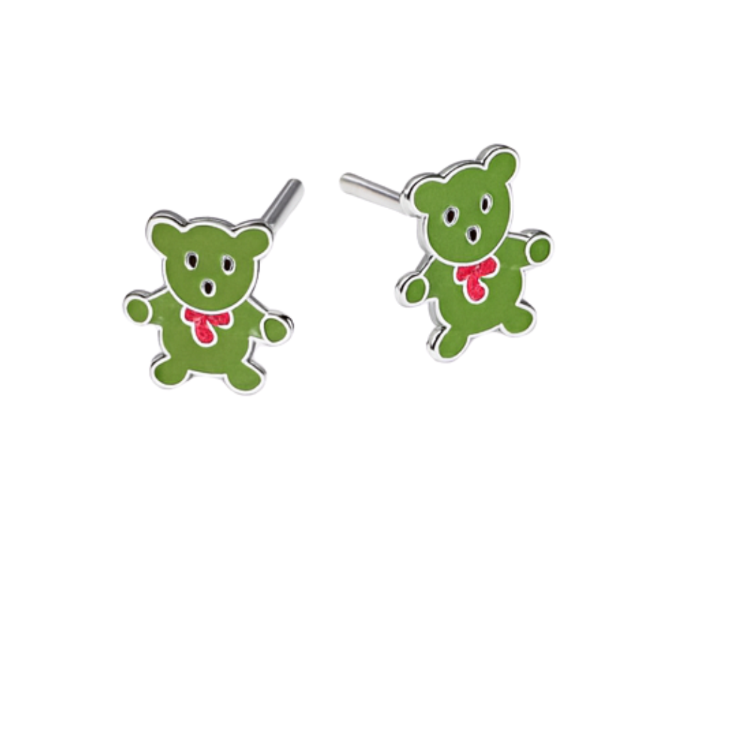 Sterling Silver Teddy Bear Stud Earrings with Green & Red Enamel