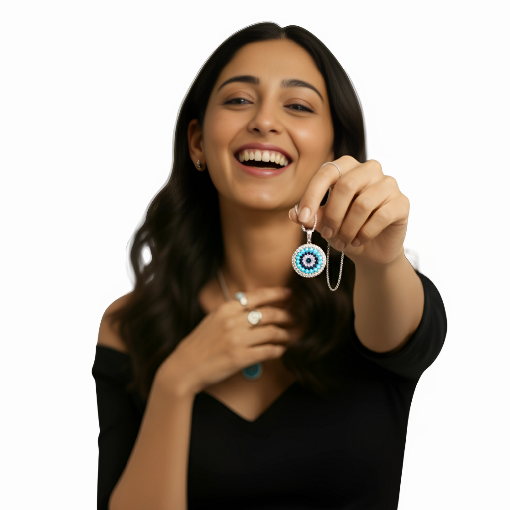 Sterling Silver Evil Eye Pendant Necklace with Blue Stone & White CZ