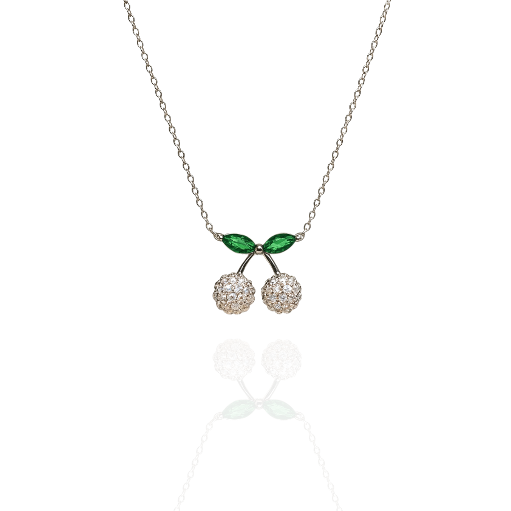 Sterling Silver Cherry Pendant Necklace with Cubic Zirconia and Green Enamel
