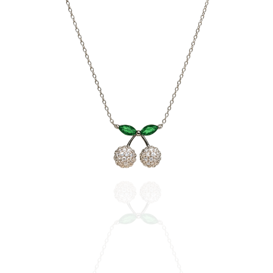 Sterling Silver Cherry Pendant Necklace with Cubic Zirconia and Green Enamel