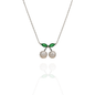 Sterling Silver Cherry Pendant Necklace with Cubic Zirconia and Green Enamel