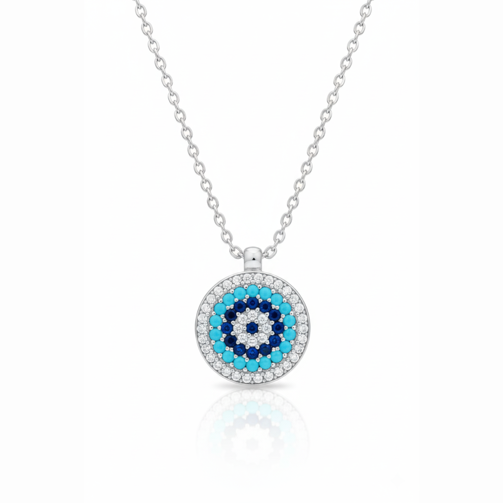 Sterling Silver Evil Eye Pendant Necklace with Blue Stone & White CZ