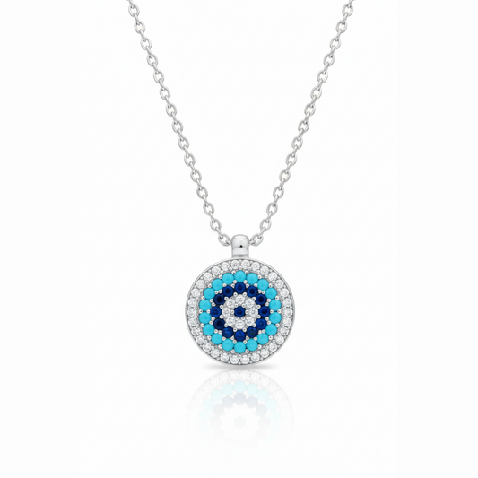 Sterling Silver Evil Eye Pendant Necklace with Blue Stone & White CZ