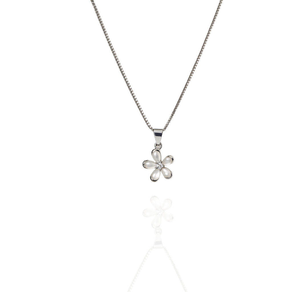 Sterling Silver Flower Pendant Necklace with Pearl Petals and Cubic Zirconia Center