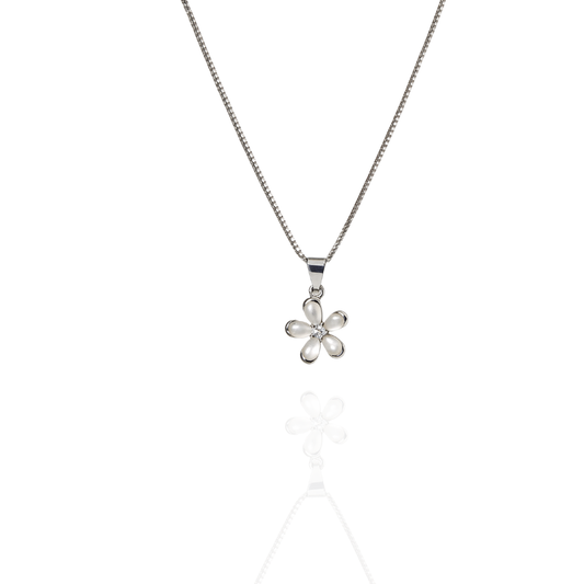 Sterling Silver Flower Pendant Necklace with Pearl Petals and Cubic Zirconia Center