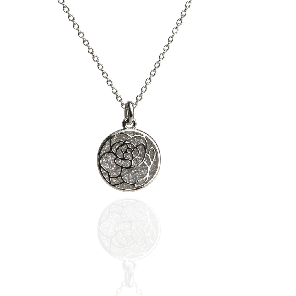 Sterling Silver Round Pendant Necklace with Rose Motif and CZ Stones
