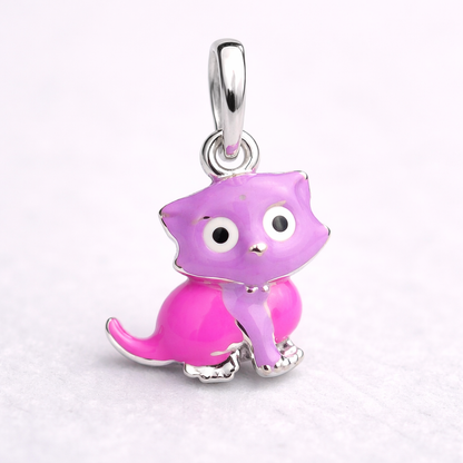 Kids pink purple enamel cat pendant necklace in 925 sterling silver