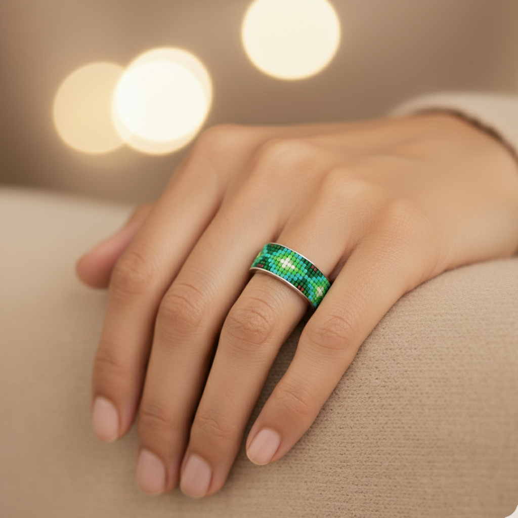 Hand-Beaded Mosaic Adjustable Ring in 92.5 Sterling Silver – Green & Turquoise