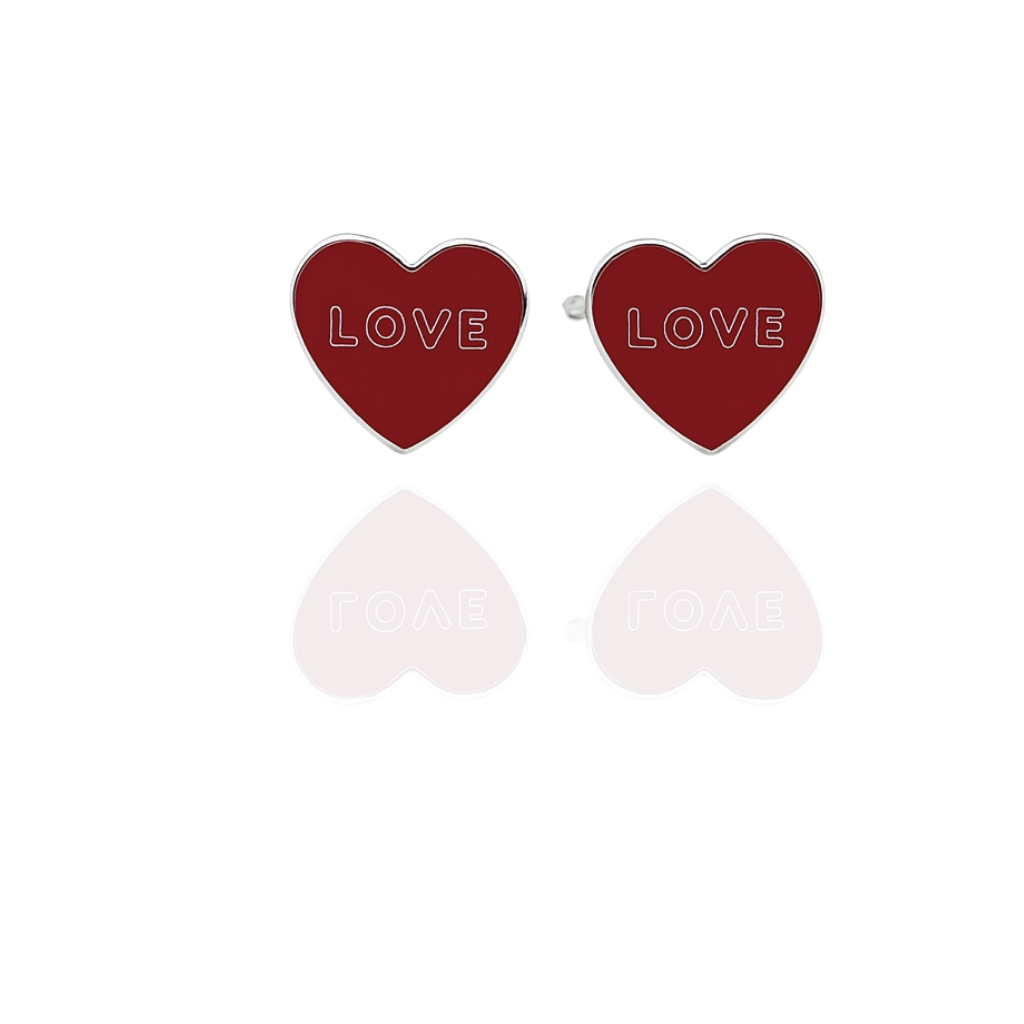 Sterling Silver Heart Stud Earrings with LOVE Engraving and Red Enamel Finish
