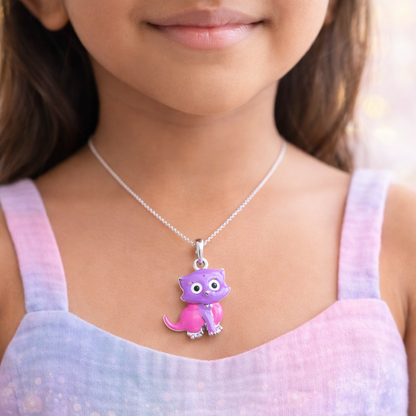 Child wearing a necklace with a purple and pink pendant