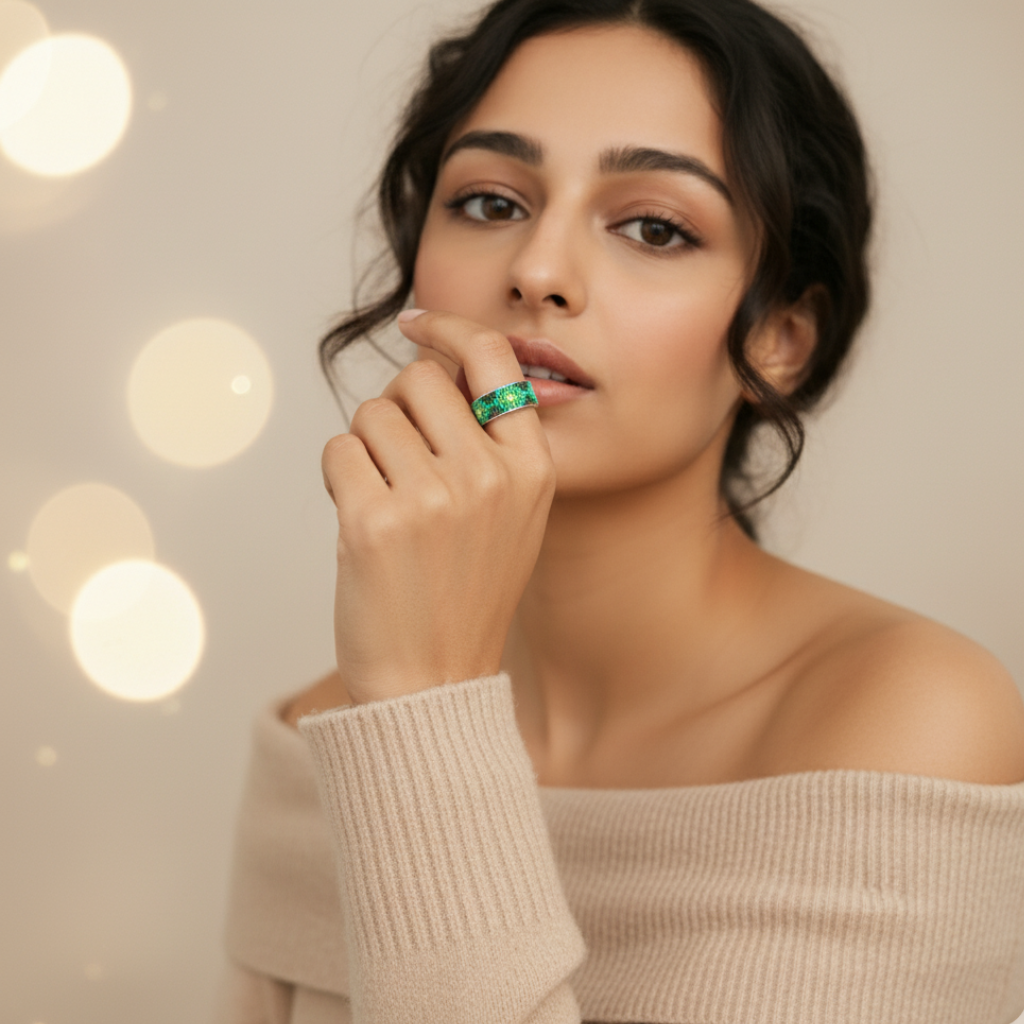 Hand-Beaded Mosaic Adjustable Ring in 92.5 Sterling Silver – Green & Turquoise