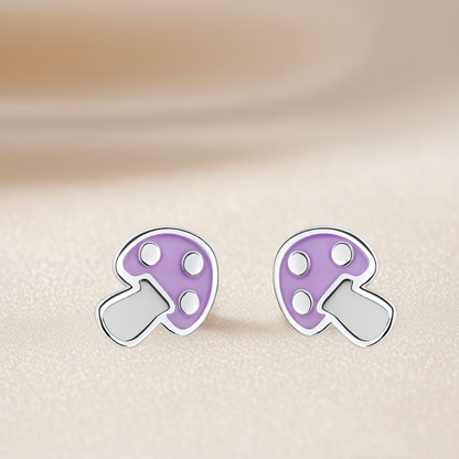 Sterling Silver Purple Mushroom Stud Earrings with Enamel