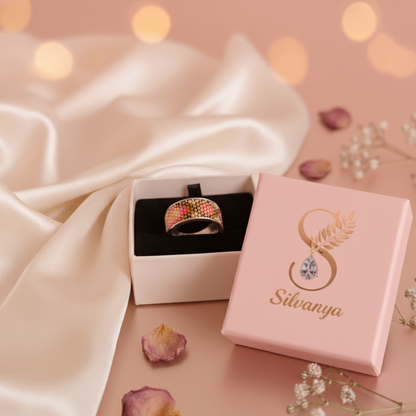 Sterling Silver Ring with Pink & Gold Seed Bead Inlay