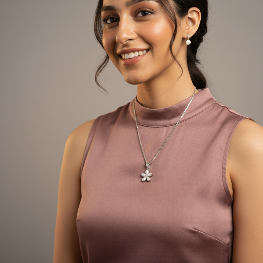 Sterling Silver Flower Pendant Necklace with Pearl Petals & CZ Center Silvanya