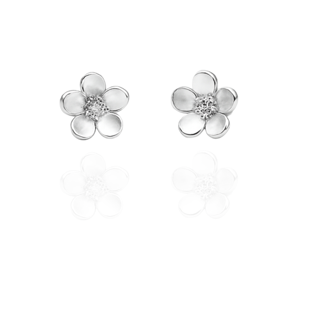 Sterling Silver Floral Stud Earrings with CZ Accents