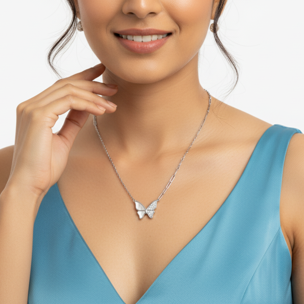 Sterling Silver Butterfly Necklace with CZ stones and mother-of-pearl enamel finish by Silvanya