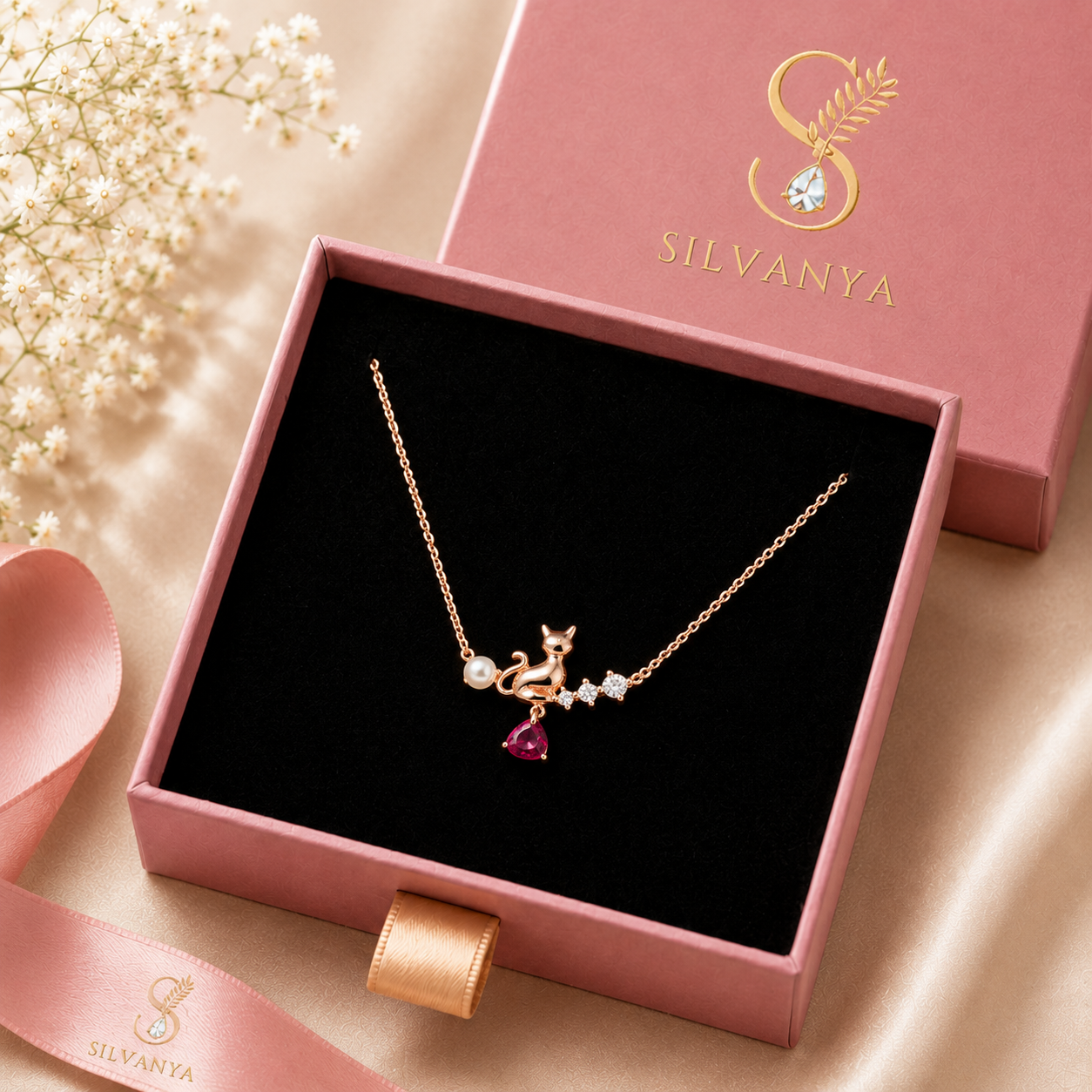 Pearl Purr Cat Pendant Necklace in 92.5% Sterling Silver