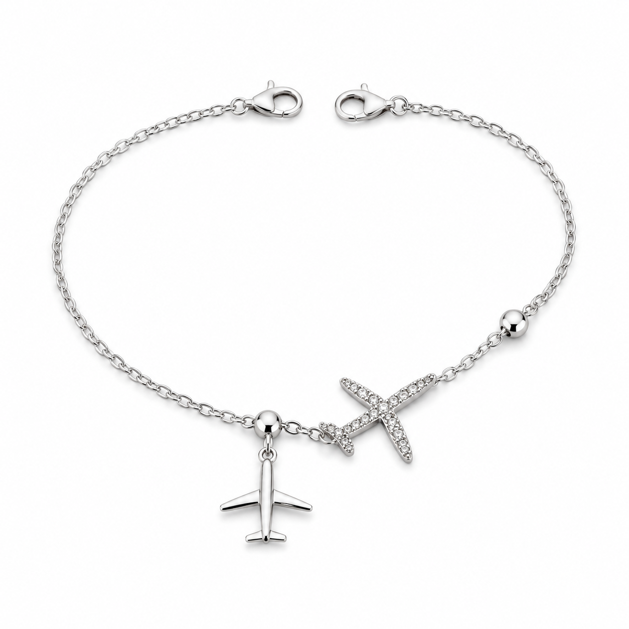 Silvanya Sterling Silver Airplane & Crystal Cross Charm Bracelet