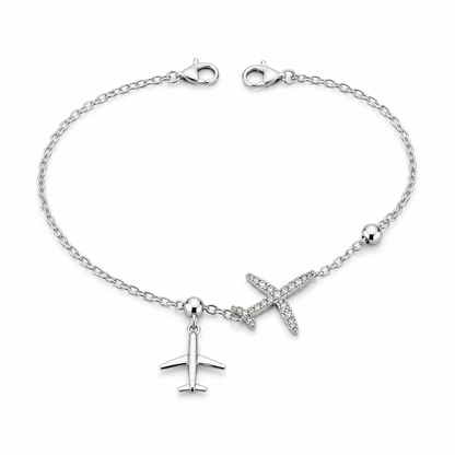 Silvanya Sterling Silver Airplane & Crystal Cross Charm Bracelet
