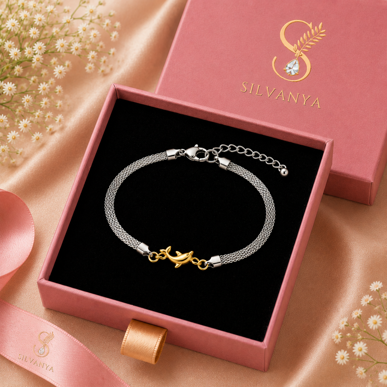 Silvanya Double Layer Dolphin Charm Sterling Silver Bracelet