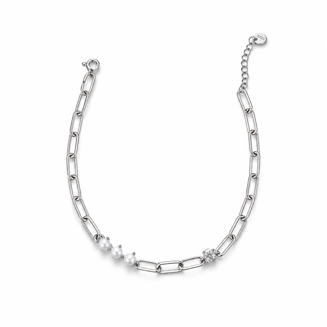 Silvanya Pearl & Crystal Link Sterling Silver Bracelet