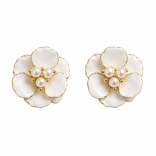 Ivory Blossom Pearl Stud Earrings in Gold Finish