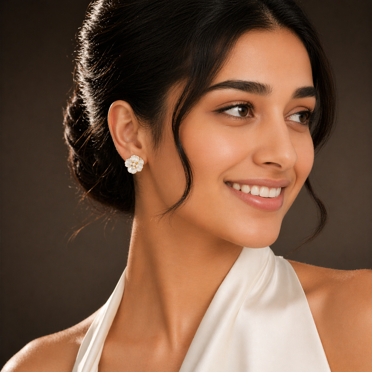 Ivory Blossom Pearl Stud Earrings in Gold Finish