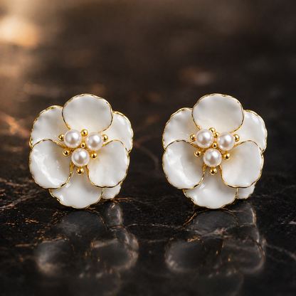 Ivory Blossom Pearl Stud Earrings in Gold Finish