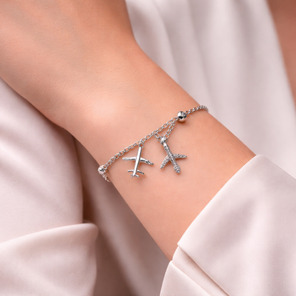 Silvanya Sterling Silver Airplane & Crystal Cross Charm Bracelet