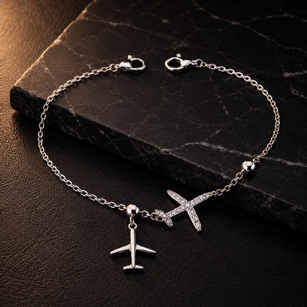Silvanya Sterling Silver Airplane & Crystal Cross Charm Bracelet