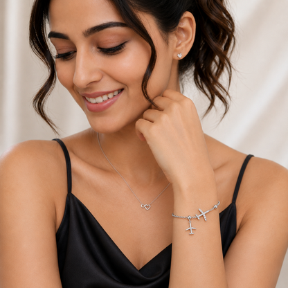 Silvanya Sterling Silver Airplane & Crystal Cross Charm Bracelet
