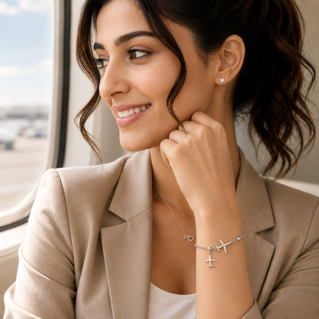 Silvanya Sterling Silver Airplane & Crystal Cross Charm Bracelet