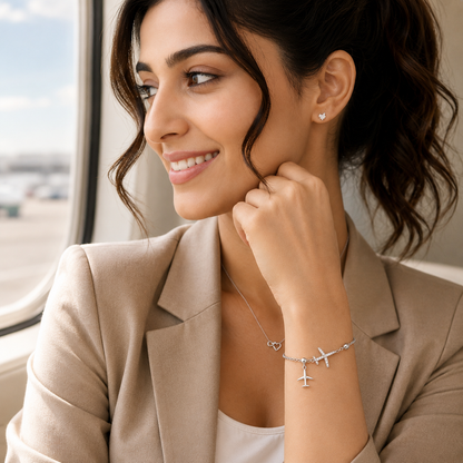 Silvanya Sterling Silver Airplane & Crystal Cross Charm Bracelet