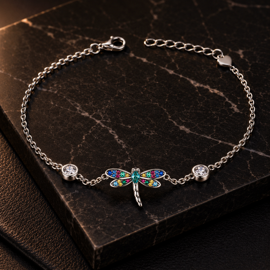 Silvanya Multicolor Dragonfly Charm Sterling Silver Bracelet