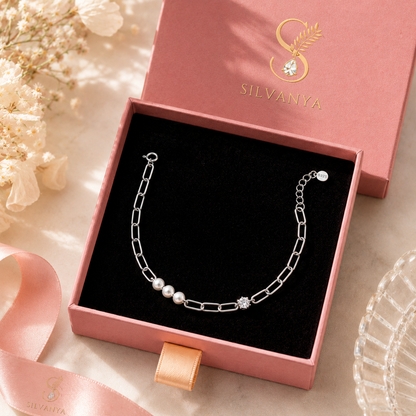Silvanya Pearl & Crystal Link Sterling Silver Bracelet