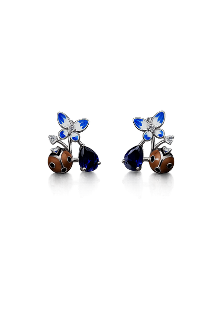 Enchanted Butterfly & Ladybug Blue Drop Earrings in Sterling Silver