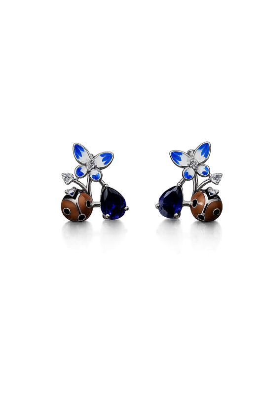 Enchanted Butterfly & Ladybug Blue Drop Earrings in Sterling Silver