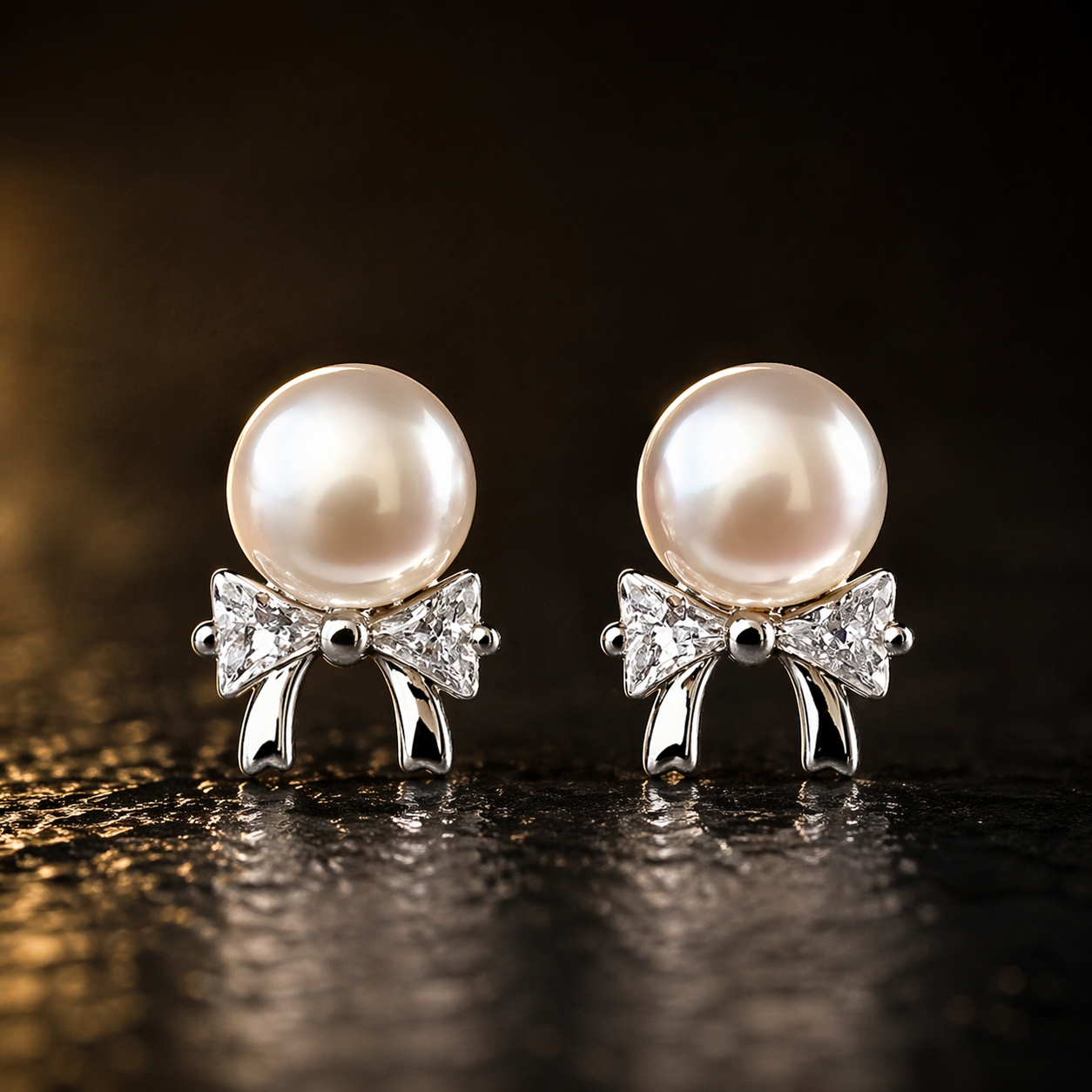 925 sterling silver pearl bow stud earrings with sparkling CZ stones
