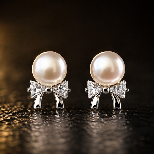 925 sterling silver pearl bow stud earrings with sparkling CZ stones