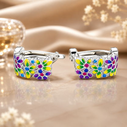 Floral Enamel Hoop Earrings in 925 Sterling Silver