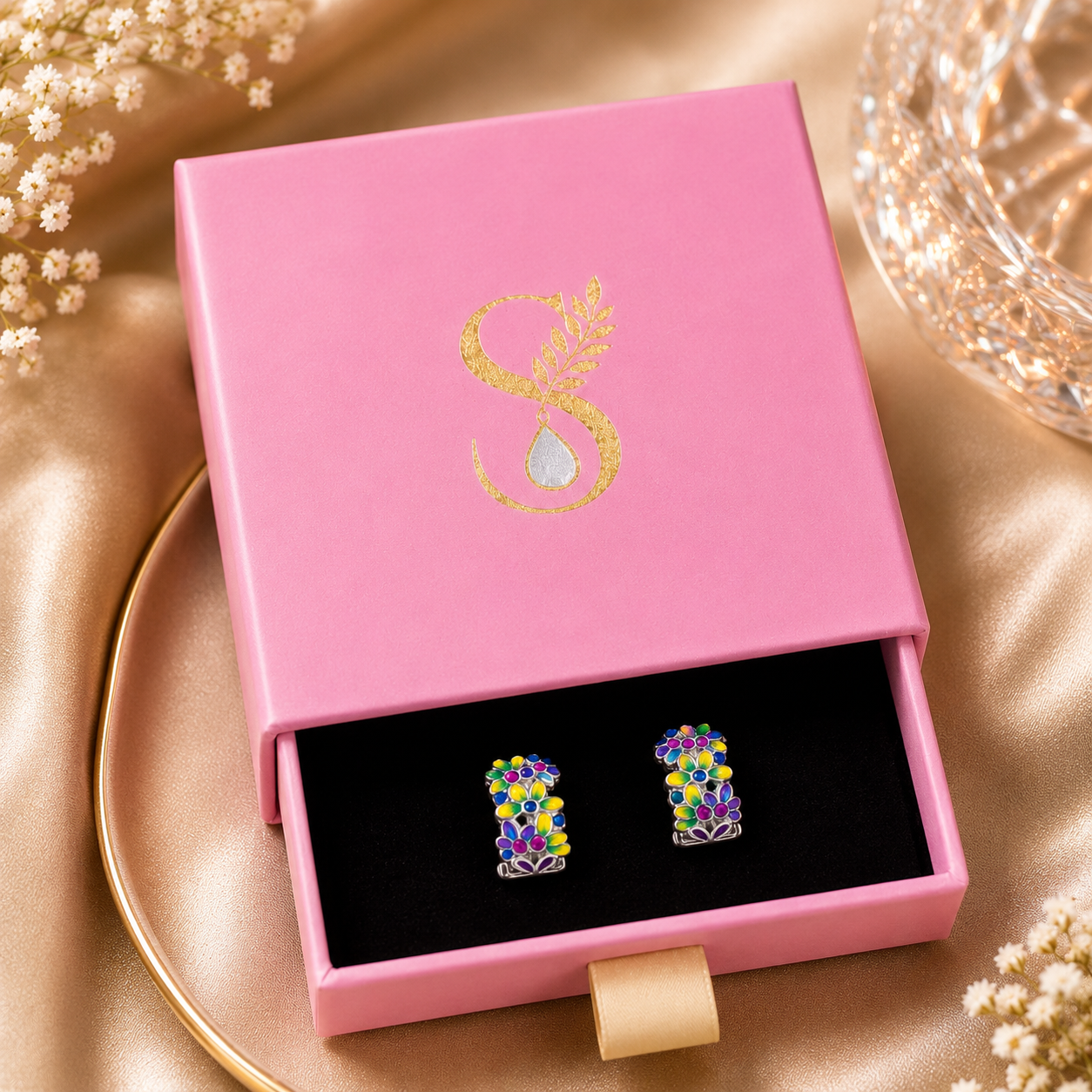 Floral Enamel Hoop Earrings in 925 Sterling Silver