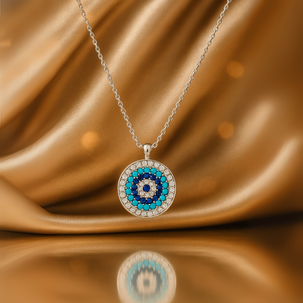 Sterling Silver Evil Eye Pendant Necklace with Blue Stone & White CZ