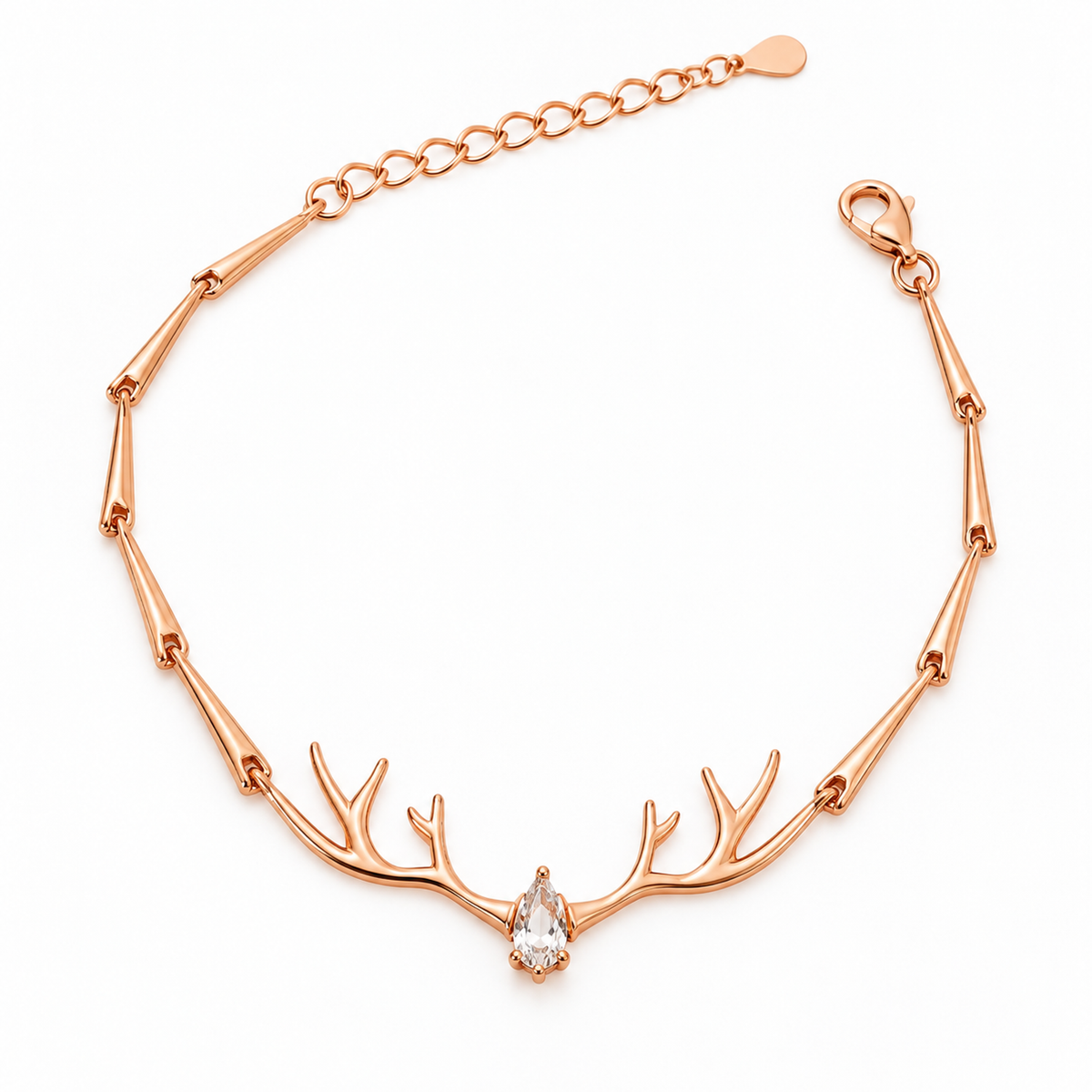 Rose gold silver bracelet with central antler motif and pear-cut stone on a plain white background.
