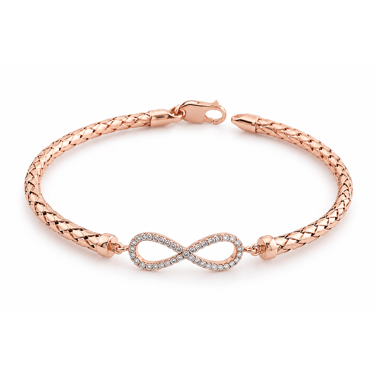Rose gold woven mesh bracelet with pave cubic zirconia infinity motif centered on a clean white backdrop.